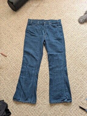 Vintage 70s Orange Tan Flare Denim Jeans Bell Bottoms Talon Zipper Dark Wash Vtg
